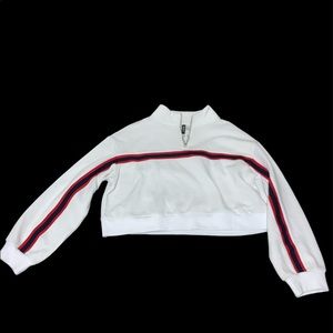 White quarter zip with blue and red stripe